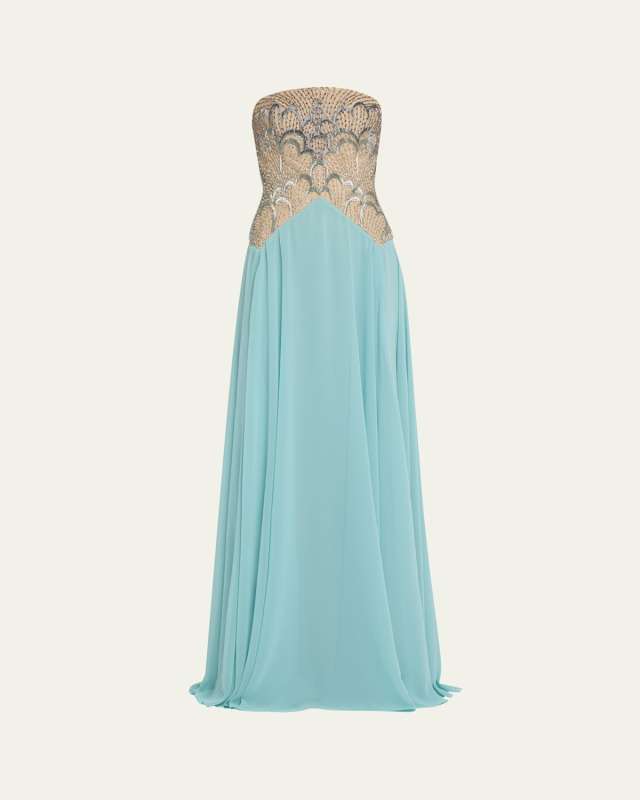 Strapless Embellished Bodice Chiffon Gown